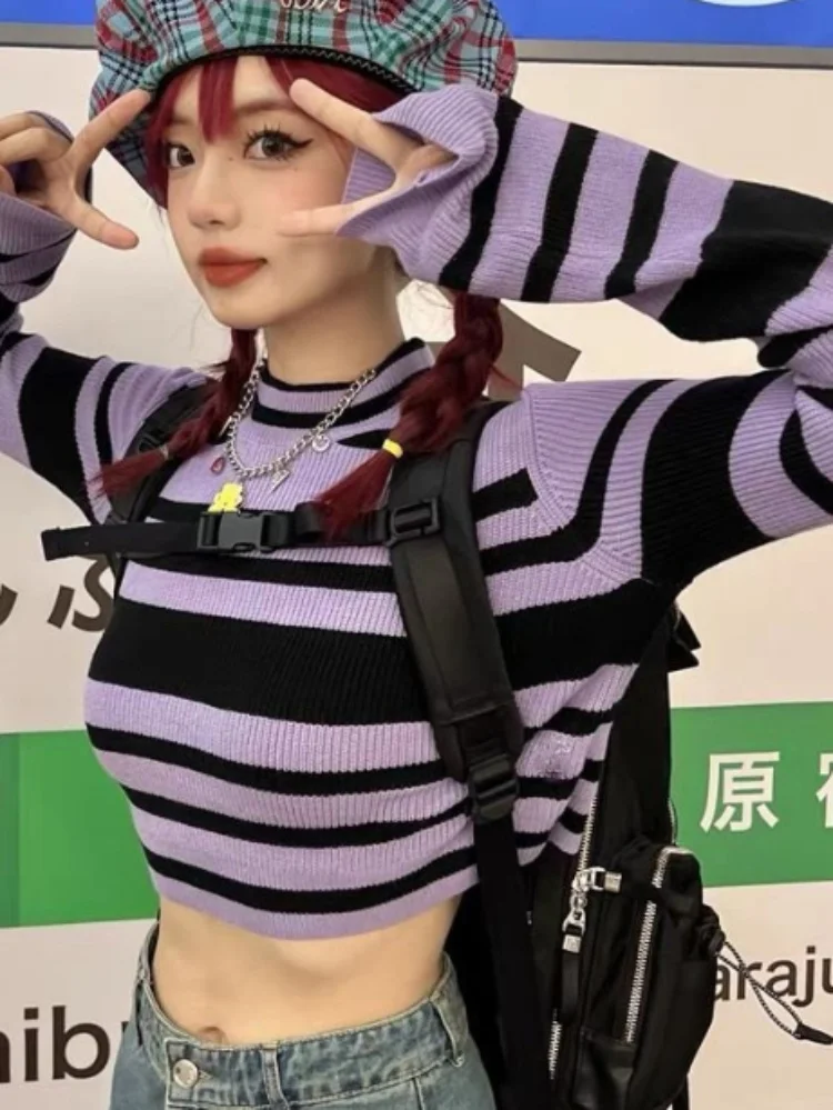 

2023 Korean Fashion Slim Bodycon Thin Knitted Pullover Women Striped Cropped Sweaters Vintage Y2k Aesthetic Harajuku Streetwear