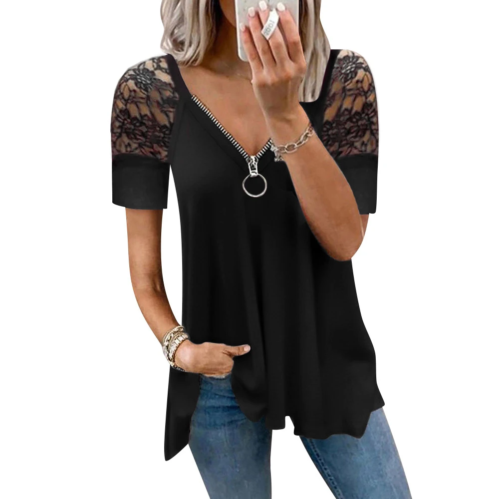 

Women's Clothing 2022 Vintage V-Neck Zipper Casual T-shirt Ladies Tunic Tops Fashion Lace Short Sleeve Pullover Loose Tee Shirts