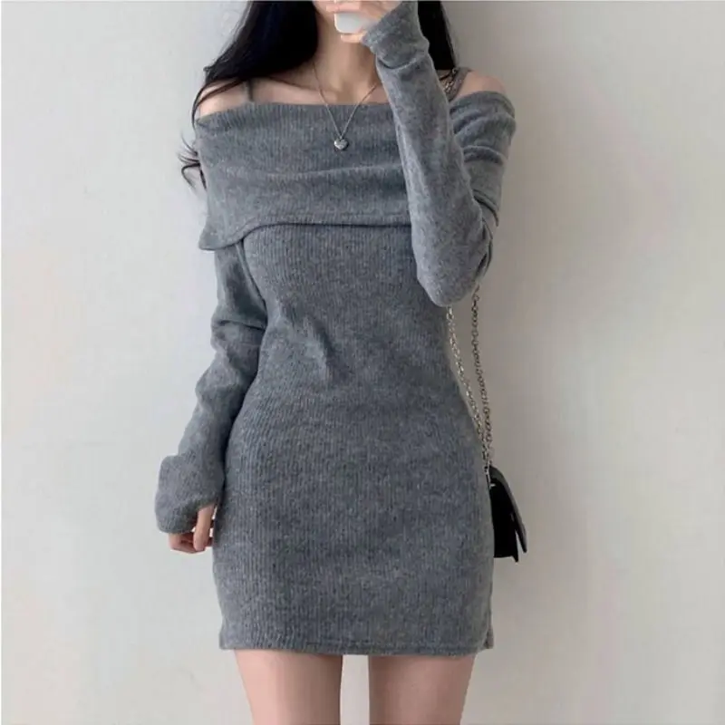 

Spring Autumn Winter Fashion Women's Warm Sweater Dress Soft Slim Temperament Solid HotSexy Girl Cool Sling Off Shoulder Skirt