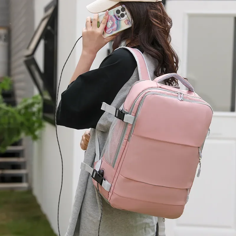 

Water Repellent Daypack Teenage Girls USB Charging Laptop Schoolbag Women Travel Backpack with Luggage Strap Shoes HandBags