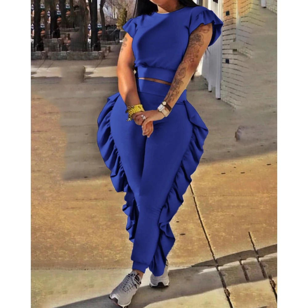 Women Solid Short Sleeve Crop Top & High Waist Butterfly Side Pencil Pants Set Femme Fashion Two-Piece Set Casual Party Outfits