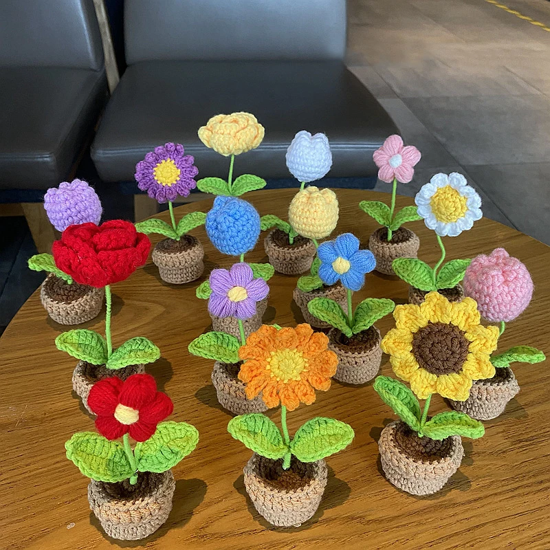 

DIY Hand Woven Mini Pot Flower Planting Material Package Finished Wool Crochet Flowers For Car Office Home Decorations