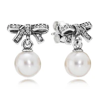 authentic 925 sterling silver sparkling bowknot delicate sentiments with pearl drop earrings for women wedding pandora jewelry