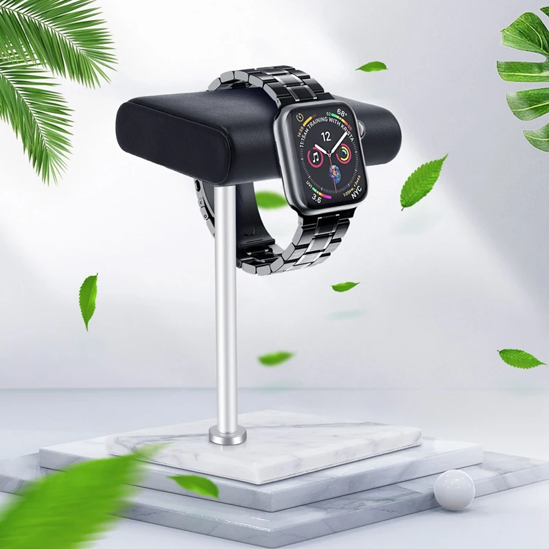 White Marble Watch Bracelet Display Stand Black PU Leather Jewelry Stand Watch Stand Silver Color Rod Placement Stand