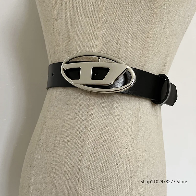 

Diesel Oval Metal Snap Buckle Decorative Belt Design Jean Waistband High Quality Women Genuine Leather Waistband Black Designer