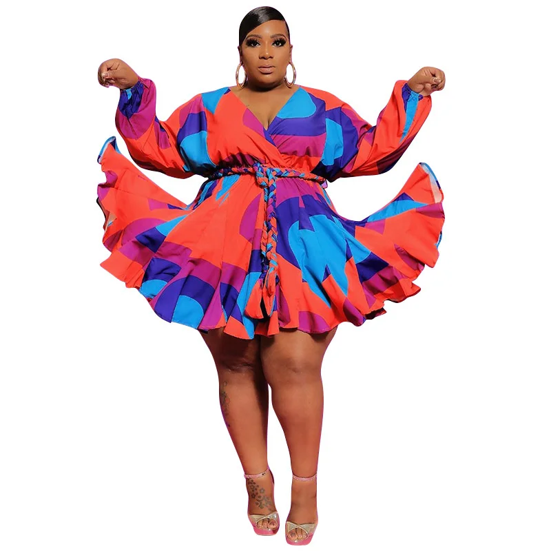 Plus Size Women Dresses Fashion Print V-neck Sexy Woven Dress With Lace-up Casual Beach Large Size Female Elegant Dresses 2023
