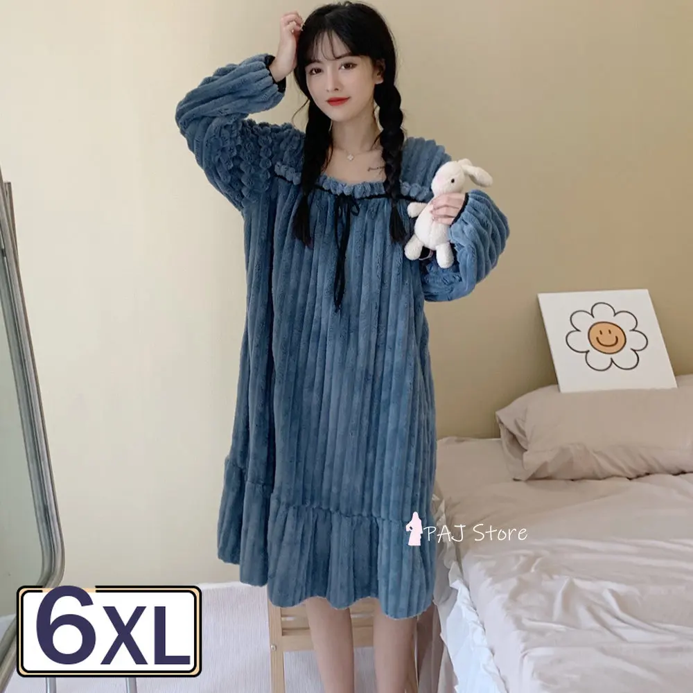 

Women Winter Warm Flannel Night Dress Home Wear Dresses Female Nightshirts Nightgowns Large Size 6XL Sleepwear Sleepshirts