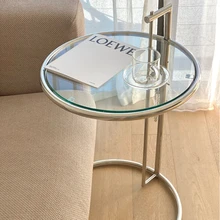 북유럽 크리에이티브 유리 리프트 커피 테이블, 투명 소파 사이드 테이블, 심플한 모던 디자이너, C자형 스테인리스 스틸 테이블