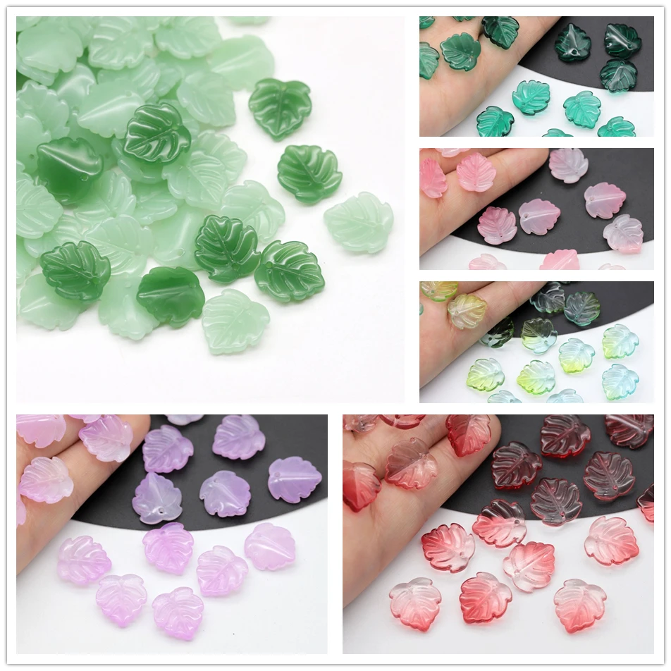 10pcs 14x15mm Green Leaf Shape Handmade Lampwork Glass Petal Pendants Loose Beads for Jewelry Making DIY Crafts Findings
