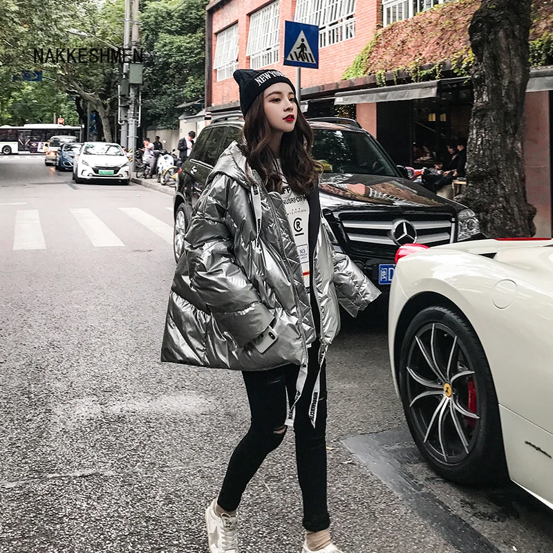 Fashion Glossy Bright Down Parka Women's Hooded Coat Female Zip Jacket Large Size Loose Warm Thick Parka Women Jacket Winter
