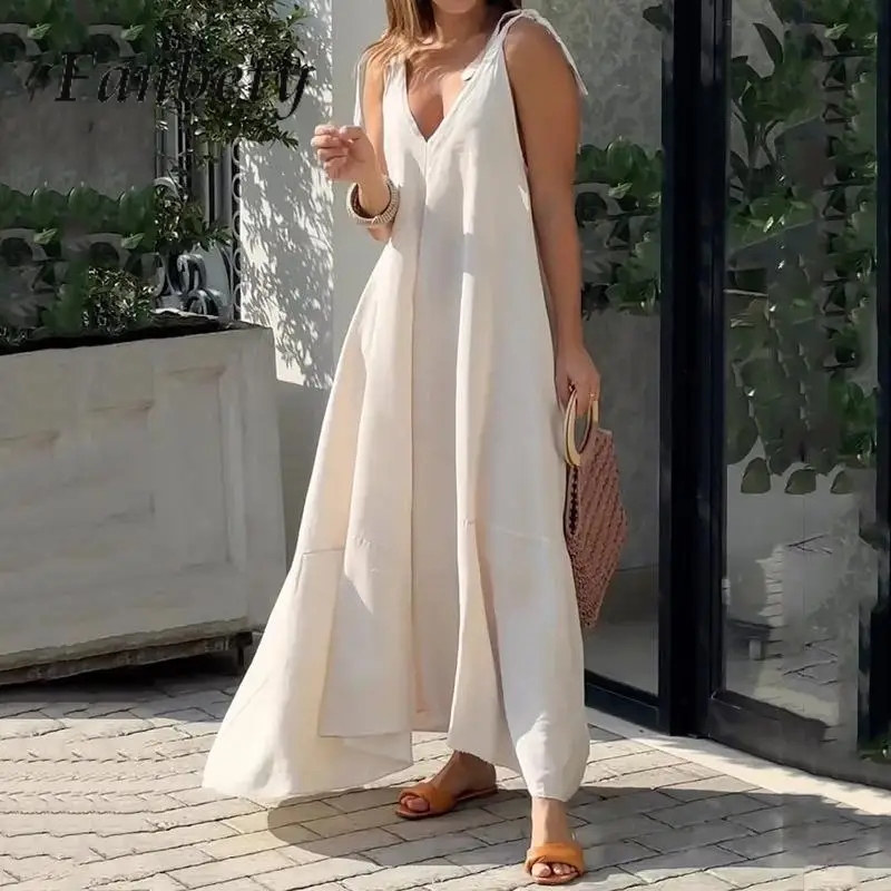 

Fashion Straps Sleeveless V-Neck Women Dress Elegant Loose Summer Solid Color Party Dress Sexy Boho Style Holiday Beach Dresses