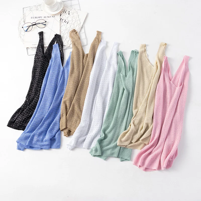 Летний вязаный Топ для женщин модная майка без рукавов Блестящий жилет с