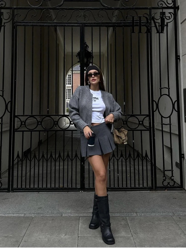 TRAF женская мода Casual круглый шеи свитер пальто ретро длинный рукав молнии вязать