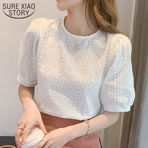 Korean Embroidery Floral Blouse Women Summer New Sweet Loose Lace Shirt Women's 2023 Short Sleeve O Neck Casual White Tops 15217