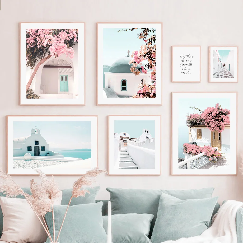 

Настенная картина в скандинавском стиле, настенные постеры с розовыми цветами, океаном, Белым домом, для украшения гостиной