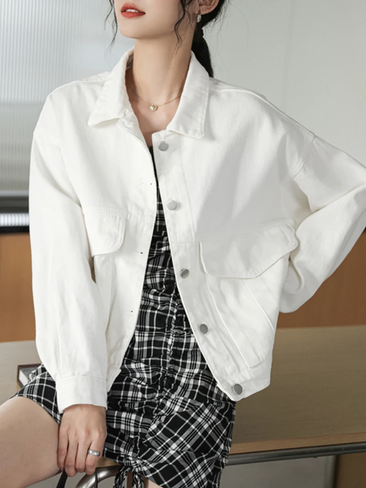 

Ailegogo New Spring Autumn Women Loose Denim Jacket Streetwear Female Single Breasted Lapel White Jeans Coat Outwear