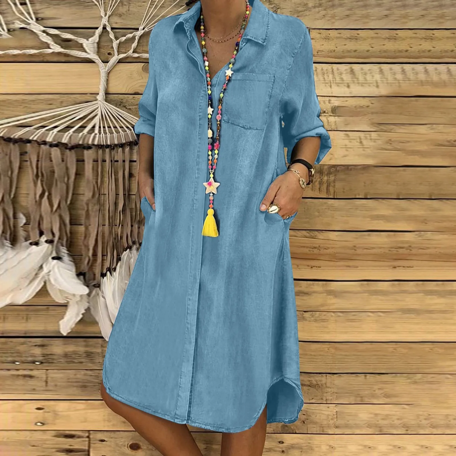 

Denim Dress Solid Blue Half Sleeve V Neck Sundress Pocket Button Dress Loose Women's Casual Office Shirts Dresses Office Vestido