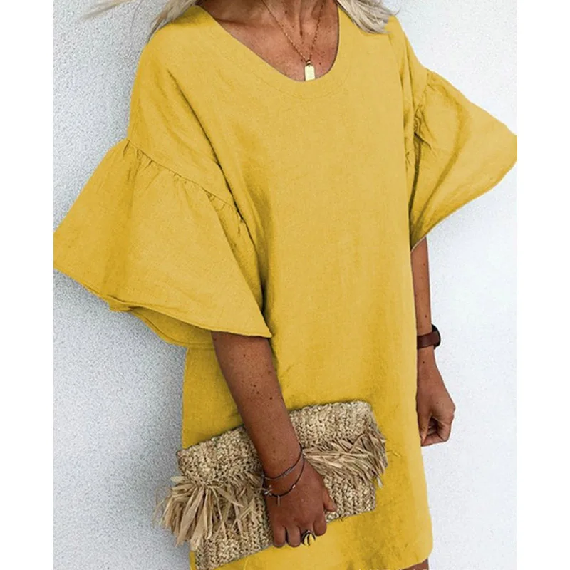 

Women Flare Sleeve Cotton Linen Vintage Dress 2023 Loose Solid Color Commute Office Dress Casual Summer O-neck Pullover Dress