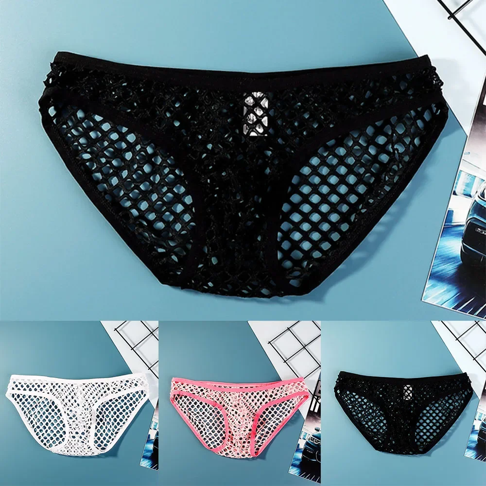 Seksowne męskie majtki bikini z niskim stanem geje siatkowa pusta bielizna U wypukła etui figi Sissy pokusa kalesony