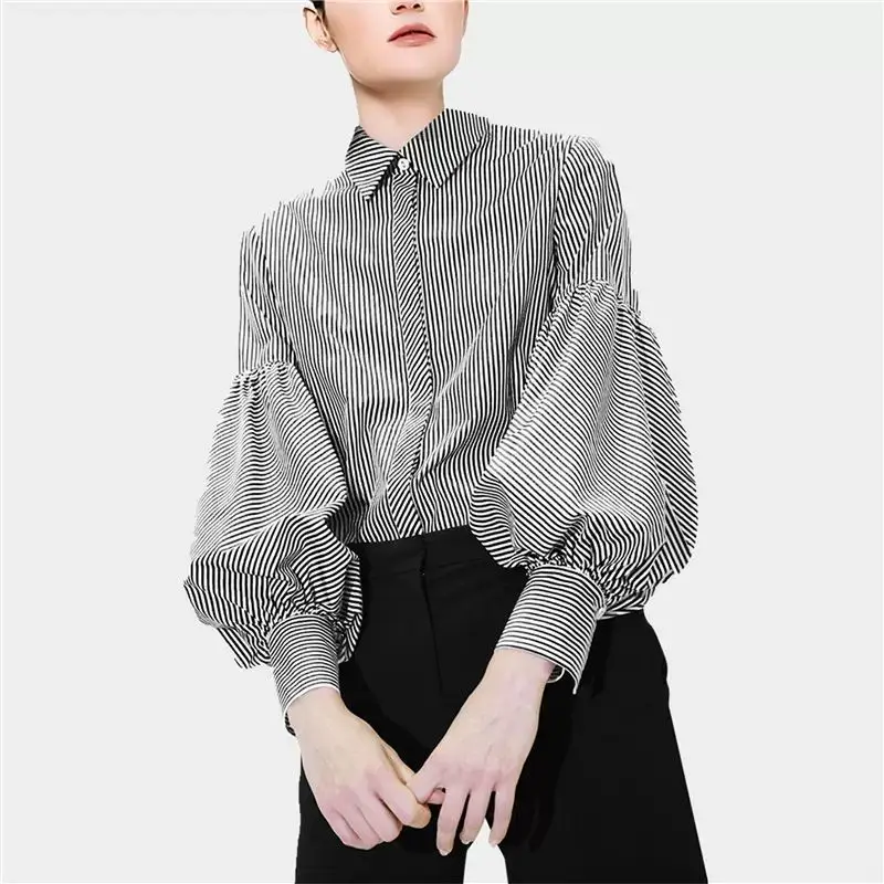 

Spring blouse niche design feels black and white striped lantern sleeve shirt 2022 new temperament versatile fashion lining tide
