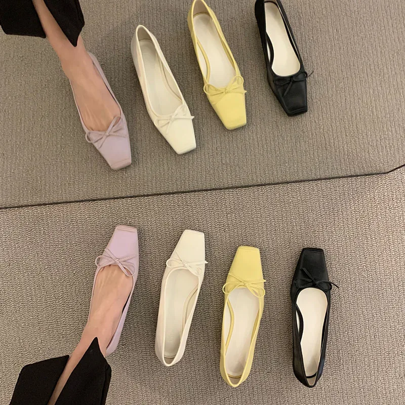 

2022 Purple New Spring Flats Shoes Square Low Heel Ballet Square Toe Shallow Bow-knot Slip On Loafer Ballerina Zapatos De Mujer