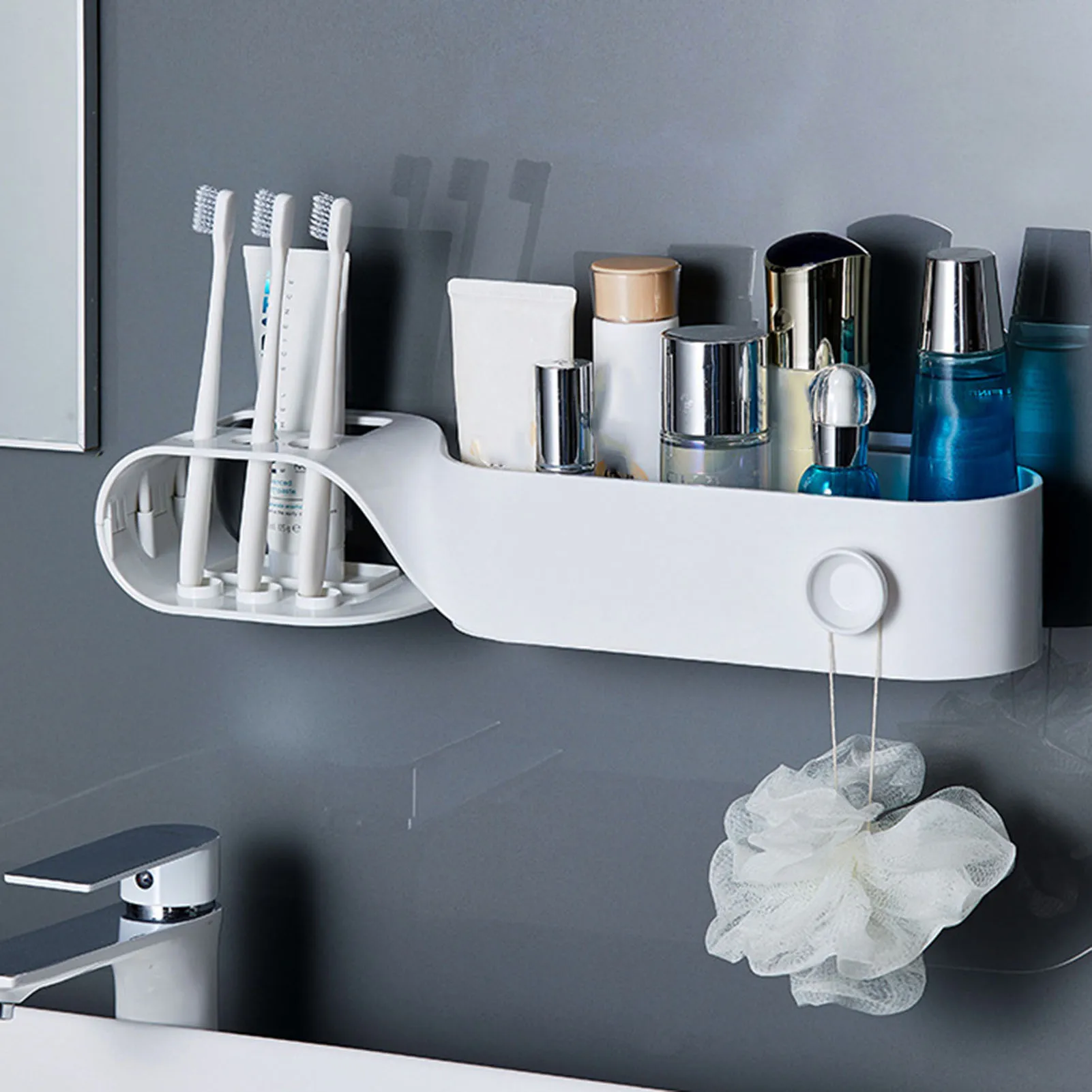 

Bathroom Shelves Wall Mounted Toiletries Storage for Bath Accessories Holder with Hook Drain Hole Design Durable ABS Rack JS22