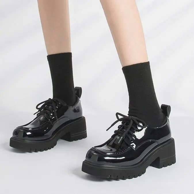 

Black Patent Leather Platform Shoes Women Gothic Lace Up Chunky Heels Woman Japanese Style Student Shoes Female Oxford women