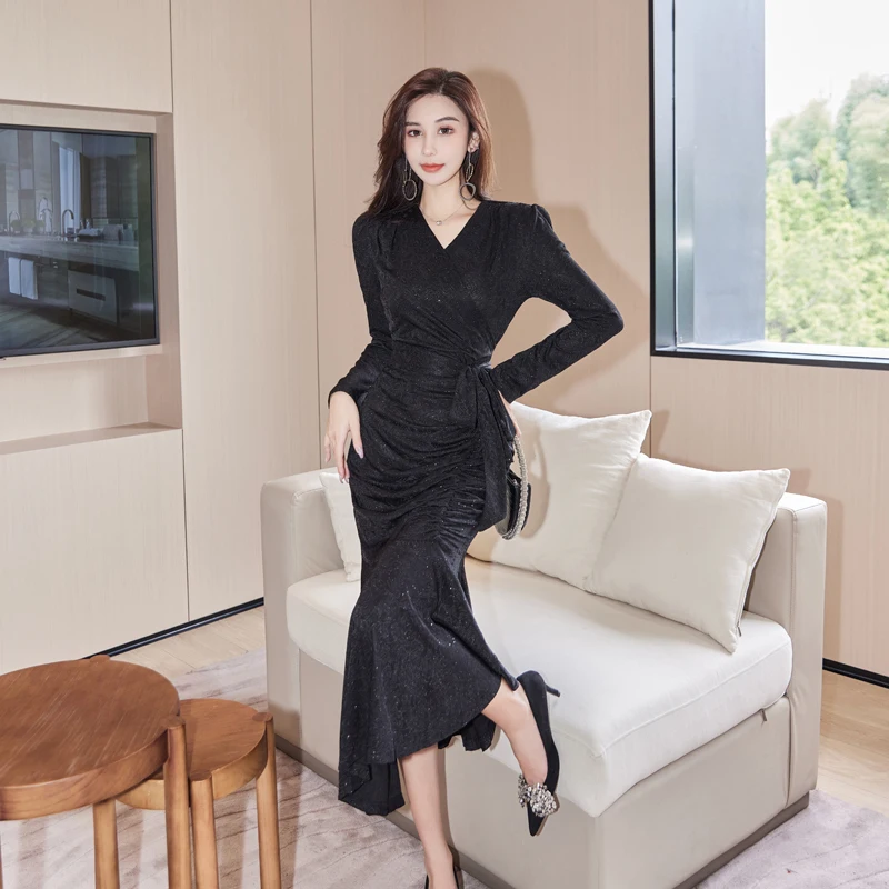 

Женское платье на шнуровке, элегантное роскошное черное платье миди с длинным рукавом и V-образным вырезом в Корейском стиле, Осень-зима 2022