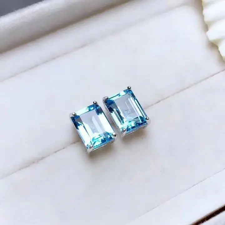 Natural topaz earrings female S925 sterling silver Japanese and Korean simple personality square Swiss sapphire earrings for gir