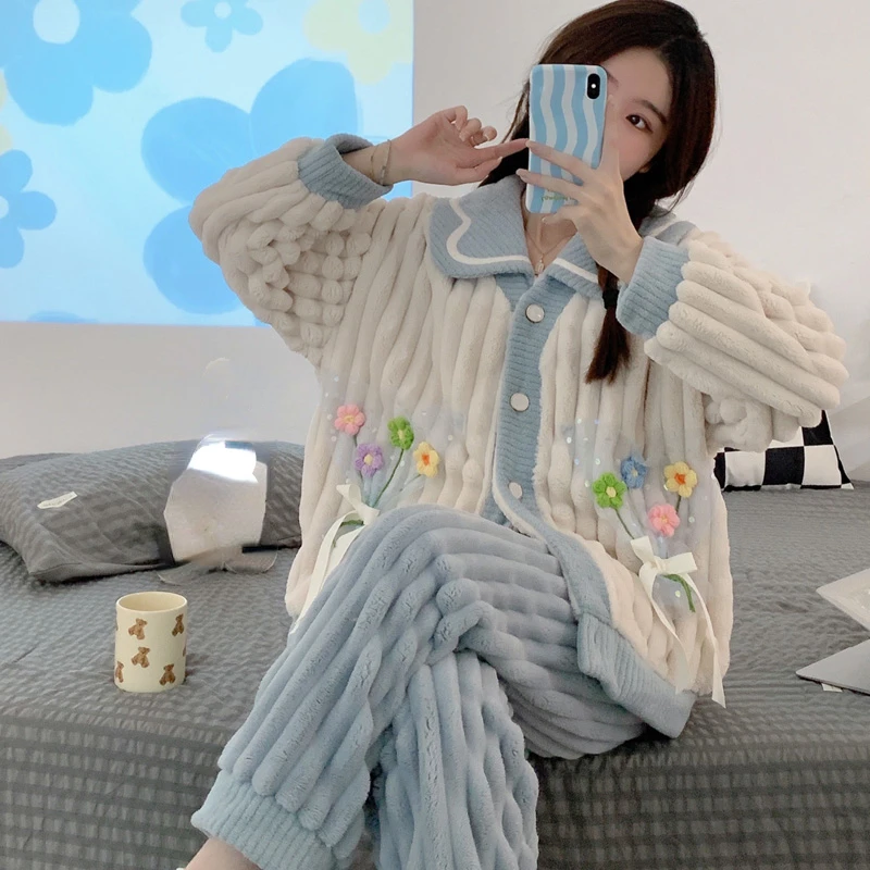2023  Pajamas Set Women's Winter Leisure Elastic Thicken Warm Flannel Sleepwear Set Embroider Women Long Sleeve Girl Homewear