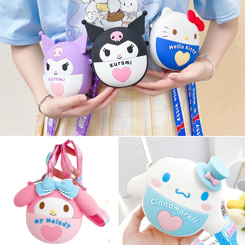 

Круглый кошелек для мелочи Hello Kitty Kuromi, силиконовая Сумочка через плечо, милый миниатюрный кошелек для девушек, женская сумка для наушников