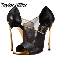 sexy black gold edge stiletto high heels sandals new super high heel open toe hollow party dance shoes all match dress womens