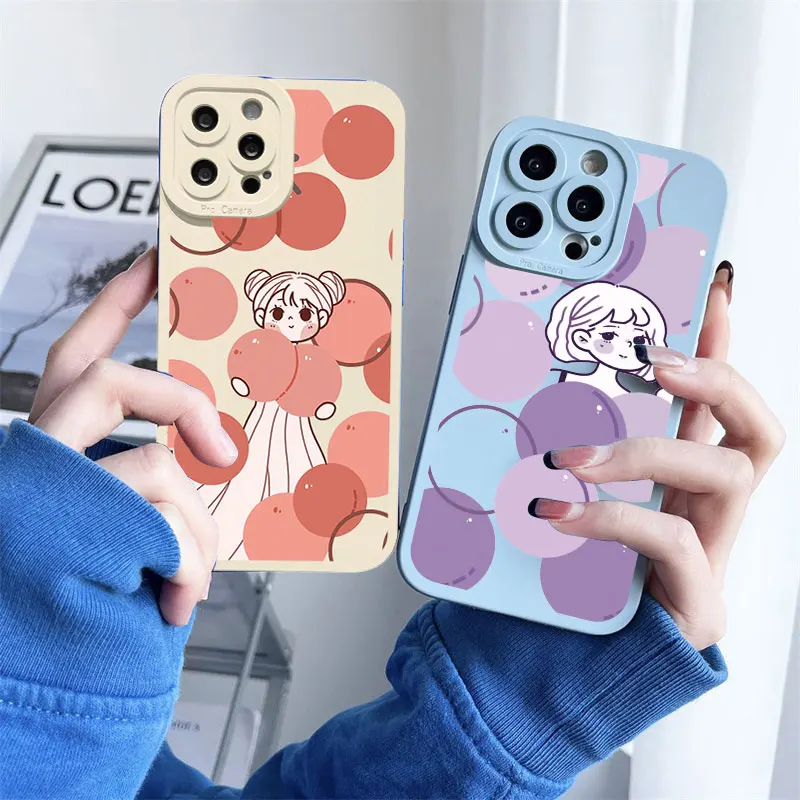 

Summer Fruit Cartoon Girl Phone Case For iPhone 14 12 11 13 Pro Max 7 8 Plus SE2 X XR XS Case Watermelon Peach Soft Cover Fundas