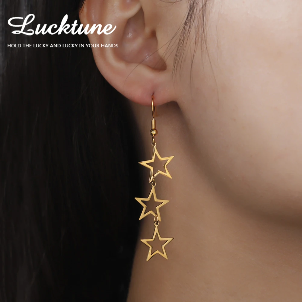 Серьги-подвески Lucktune в форме пятиугольной звезды из нержавеющей стали золотого цвета, длинные серьги-кисточки для женщин 2023, модные ювелирные изделия в подарок Kpop