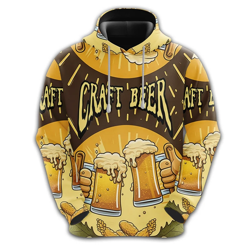 3D Printed Beer Cup Hoodies For Men Funny Pattern Pullovers Fashion Casual Hooded Loose Tops Sweatshirts Long Sleeves Streetwear