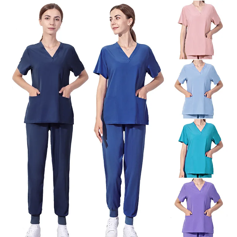 

Solid Medical Nursing Uniform Scrub Set Womens Stretch V-neck Top and-Pants Medical Scrubs for Doctor Nurse Esthetician