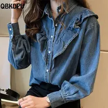 Korean Fashion Ruffle Denim Blouse Women Elegant Lapel Design Oversize 4Xl Jean Shirts Spring Tops Single-Breasted Cowboy Blusas
