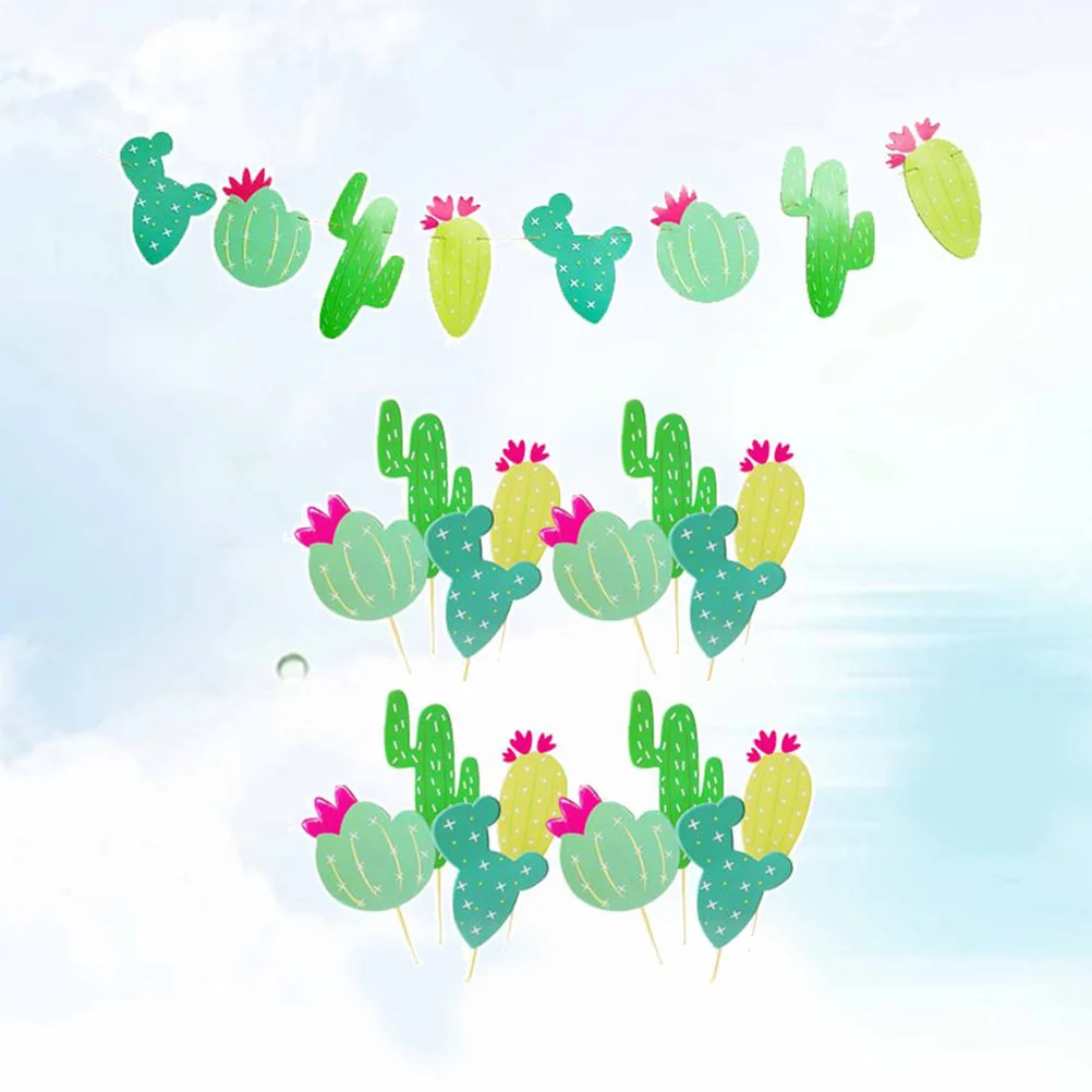 

25 Pcs Banner and Set Mexican Themed Party Garland Cake Picks Summer Tropical Wedding Party Decor (Green)