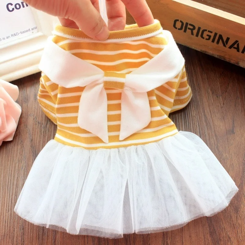 

Cartoon Dog Clothes Striped Dresses Clothing for Dogs Small Super Pet Outfits Cute Spring Summer Bowknot Print Ropa Para Perro