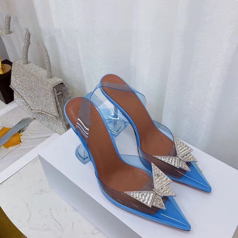 2023 Summer New Diamond Bow Women's Sandals PVC Transparent Rubber Pointed Hollow High Heel Sandals