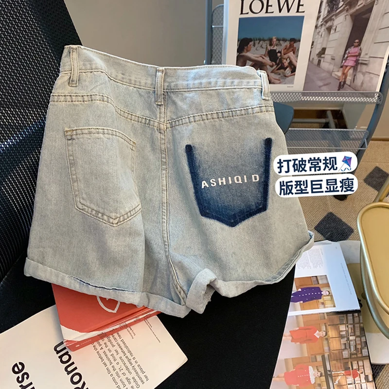

CMETAY Light Blue Letter Print Denim Shorts Women 2022 Summer New Streetwear High Waist Harajuku Curled Wide Leg Hot Pants