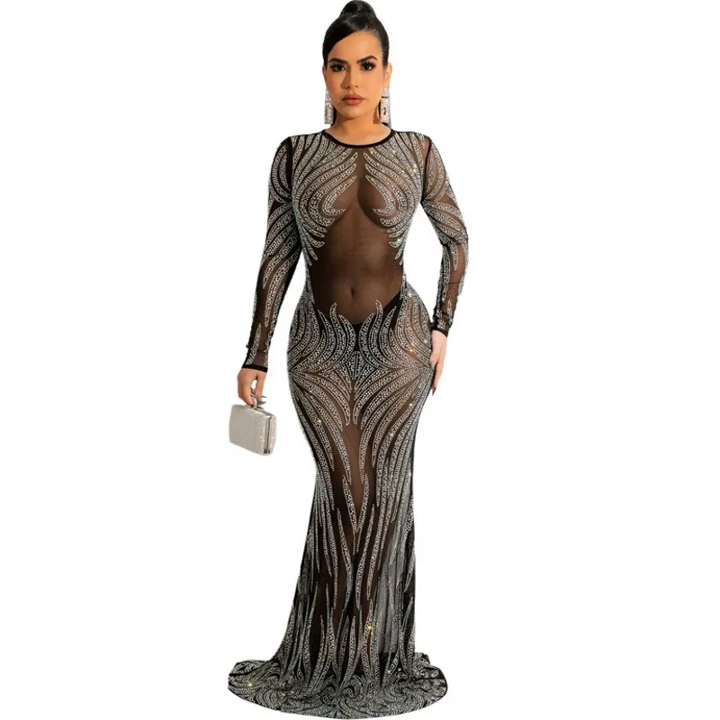 

Длинное платье русалки, женское платье с круглым вырезом, длинным рукавом и бриллиантами, модное, новое, Сетчатое, прозрачное, сексуальное, э...