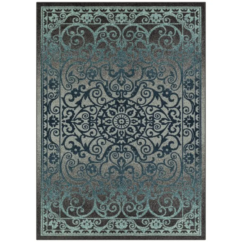 

India Medallion Textured Dark Gray Blue Area Rug, 5` x 7`