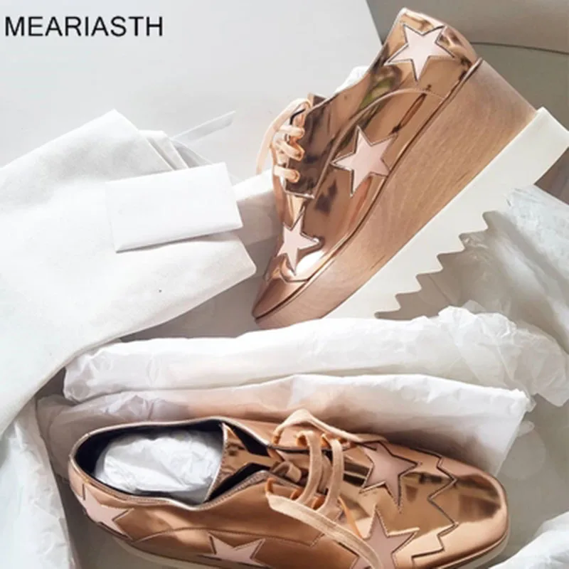 

Женские лакированные кожаные туфли со звездами, повседневная обувь на плоской платформе, модные повседневные туфли со шнуровкой на танкетке, осень 2022
