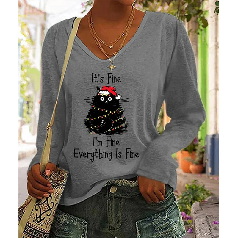 

Rheaclot Fashionable Cat Printing Women's Retro Vintage Cotton Long Sleeve SweatShirt