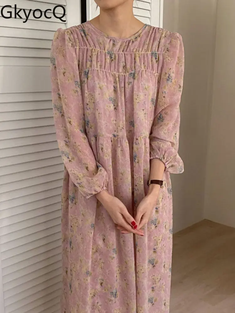 

Korean Autumn French Gentle Round Neck Pleated Design Loose Casual Long Sleeve Floral Chiffon High Waist Dress Long Dress Ladies