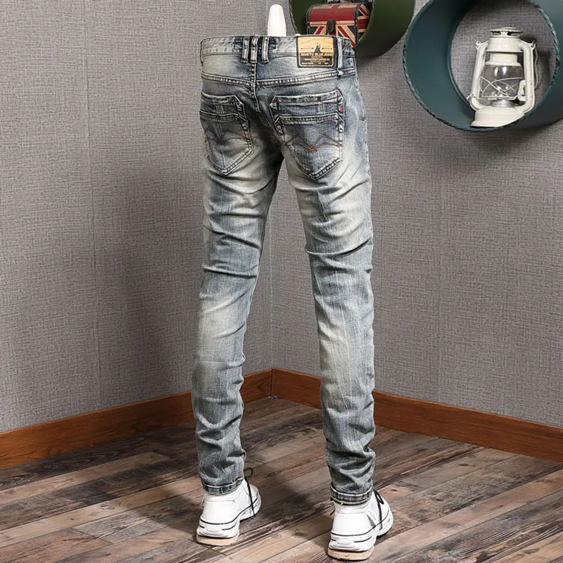 Fashion Designer Men Jeans High Quality Retro Washed Blue Elastic Stretch Slim Fit Ripped Jeans Men Vintage Denim Pants Hombre