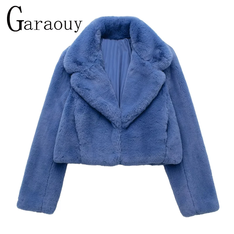 Garaouy 2022 Winter Woman Faux Rabbit Fur Jackets Warm Lapels Loose Short Coat Female Fashion Blue Faux Fur Outwear Tops Mujer