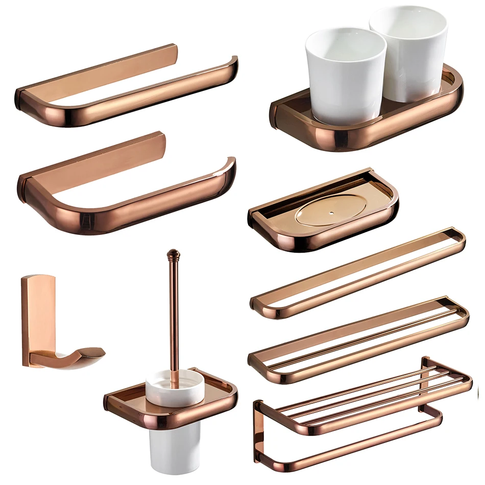 

Rose Gold Bathroom Hardware Luxury Bath Towel Shelf Toilet Brush Holder Paper Rack Coat Hook Soap Dish Bathroom Accessories Set