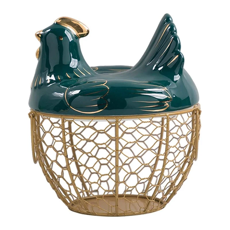 

Promotion! Egg Storage Basket Metal Wire Fruit Basket With Chicken Shape Lid Ceramic Egg Holder, Storage Holds 30 Eggs